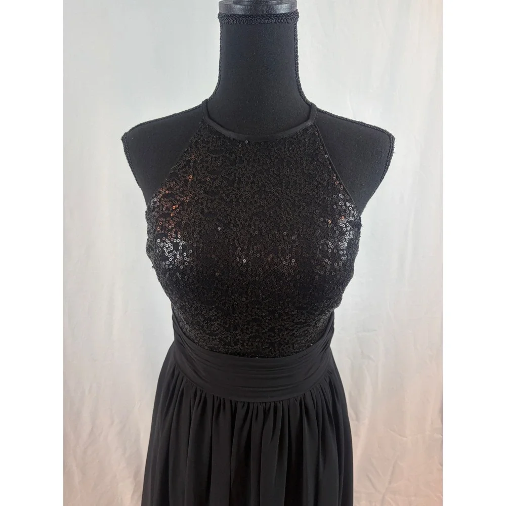 Black Sequin Halter Neck Maxi Dress Open Back Ruched Waist Formal Evening Gown - Picture 3 of 16
